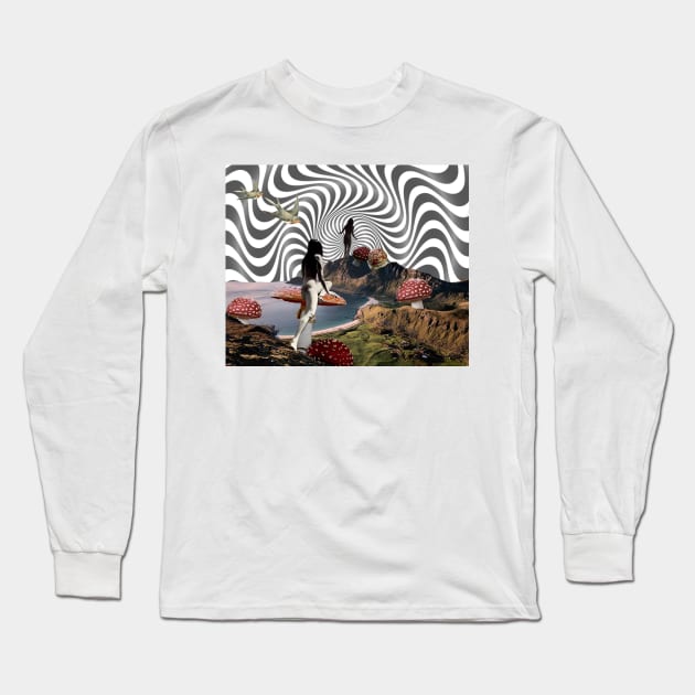 Mushroom Exploring Collage Art Long Sleeve T-Shirt by cosmiceden